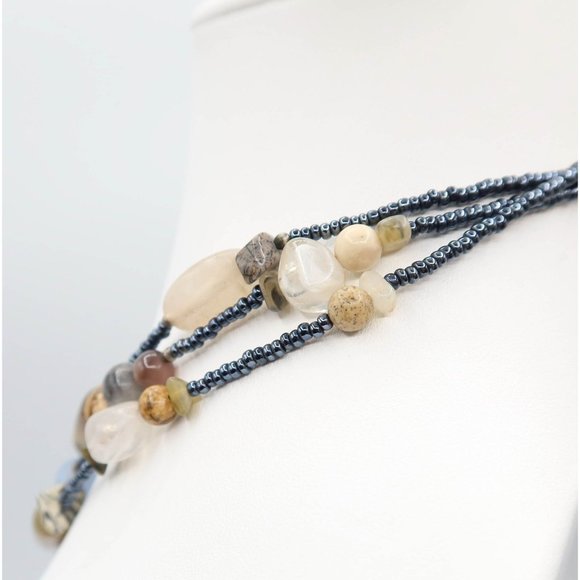 Earth Tone Acrylic & Natural Stone Seed Bead Multi Strand Toggle Necklace 18.5" - Picture 5 of 7